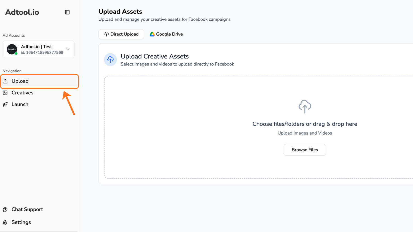Upload tab with options to upload creatives from files, folders, or Google Drive