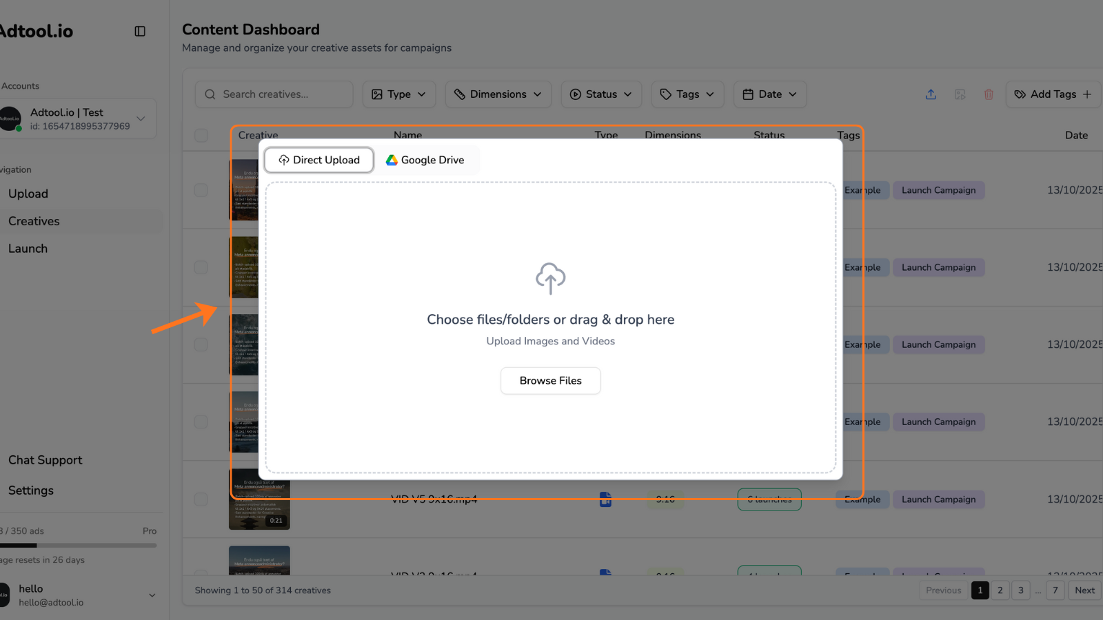 Content tab upload flow for adding creatives