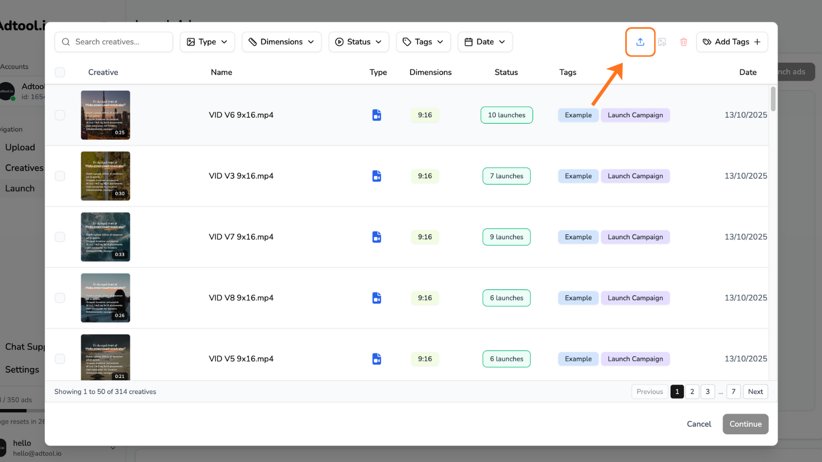Upload options inside the launch creative selection flow