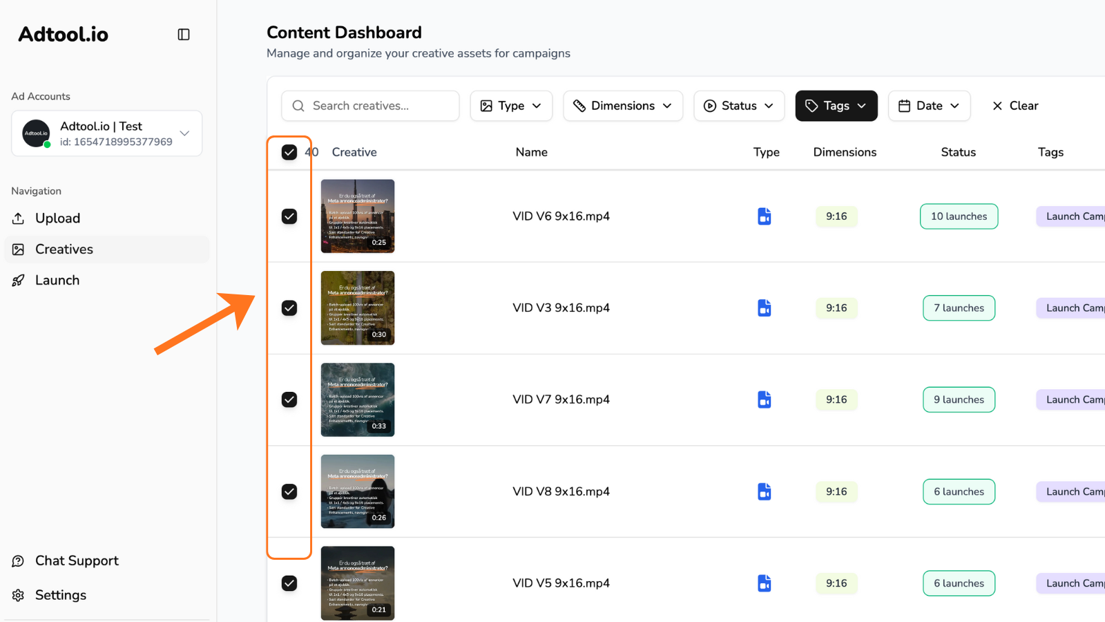 Selected video creatives in the creative library