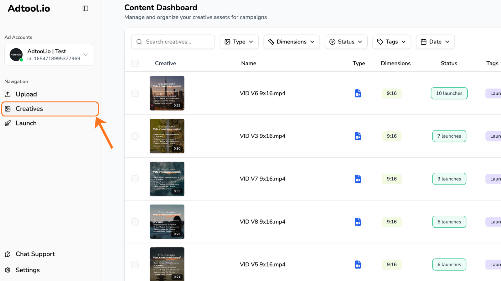 Creatives tab in Adtool