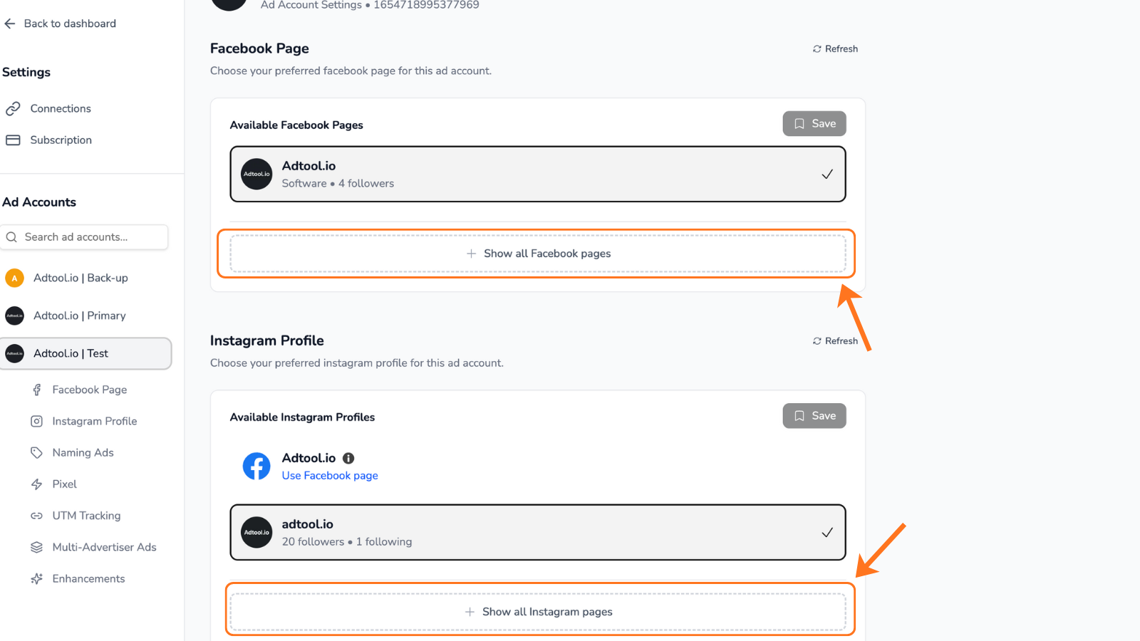 Adtool ad account settings with options to show all Facebook Pages or Instagram accounts
