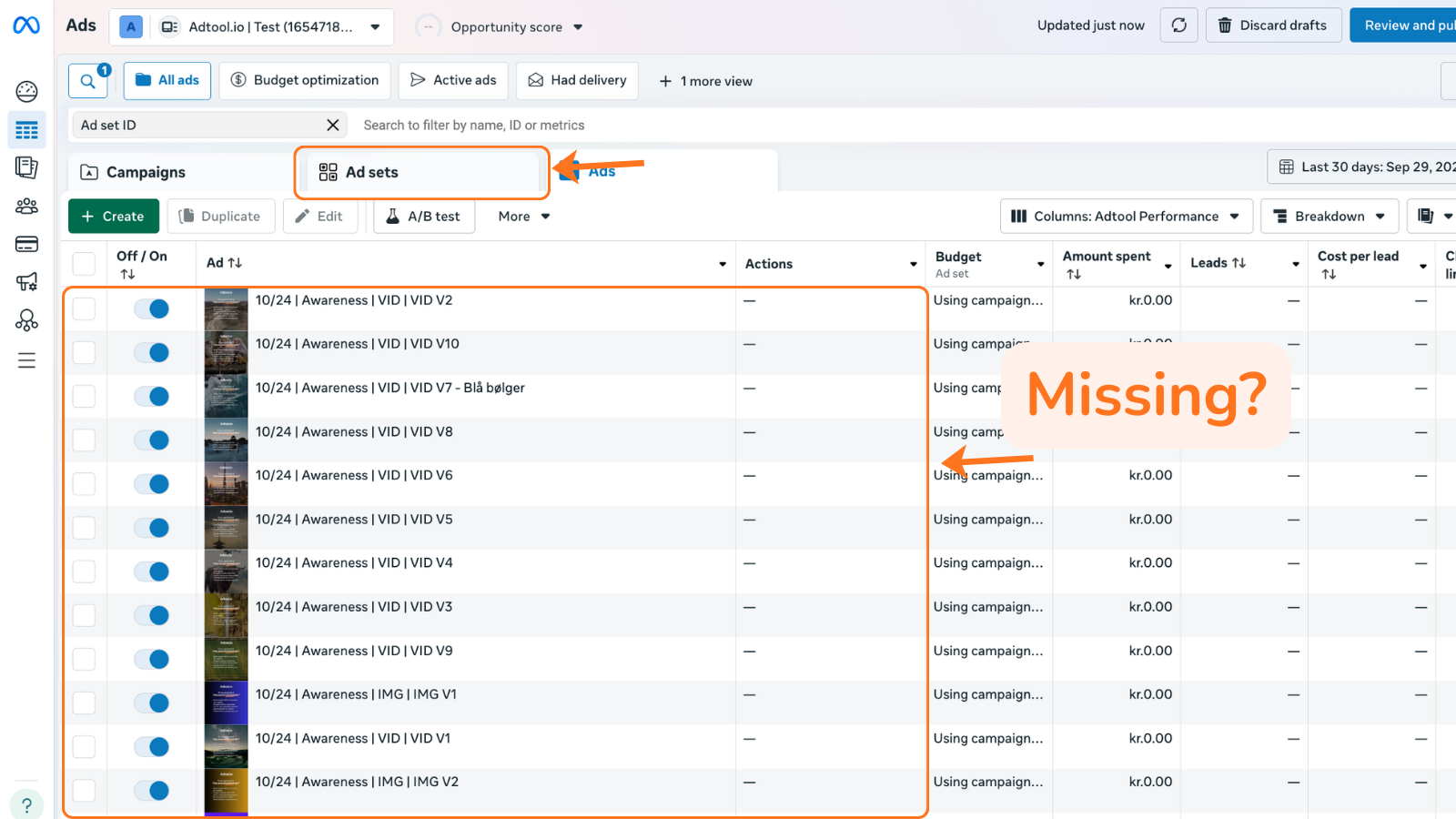 Meta Ads Manager showing the Ad sets view when launched ads are not visible