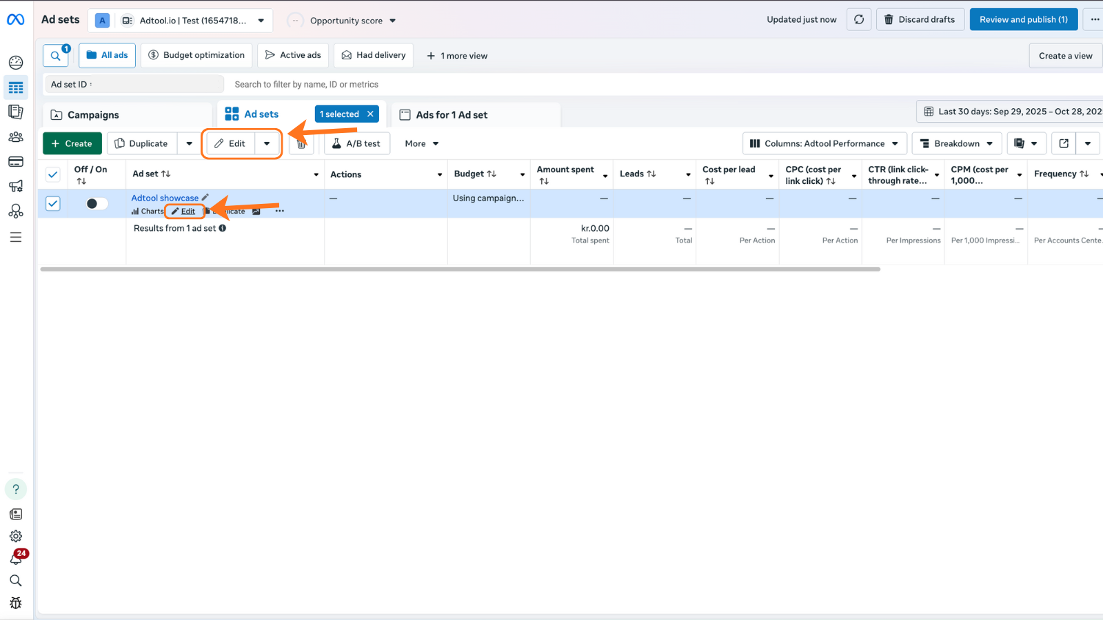 Meta Ads Manager with the Edit option for the relevant ad set
