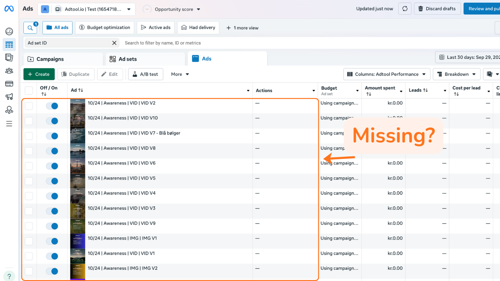 Adtool batch history with the Open Ads button for a launched batch