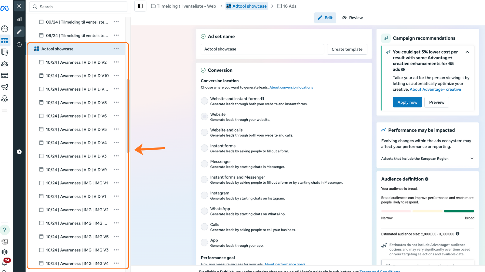 Meta Ads Manager ad set editor showing the launched ads after the view refreshes