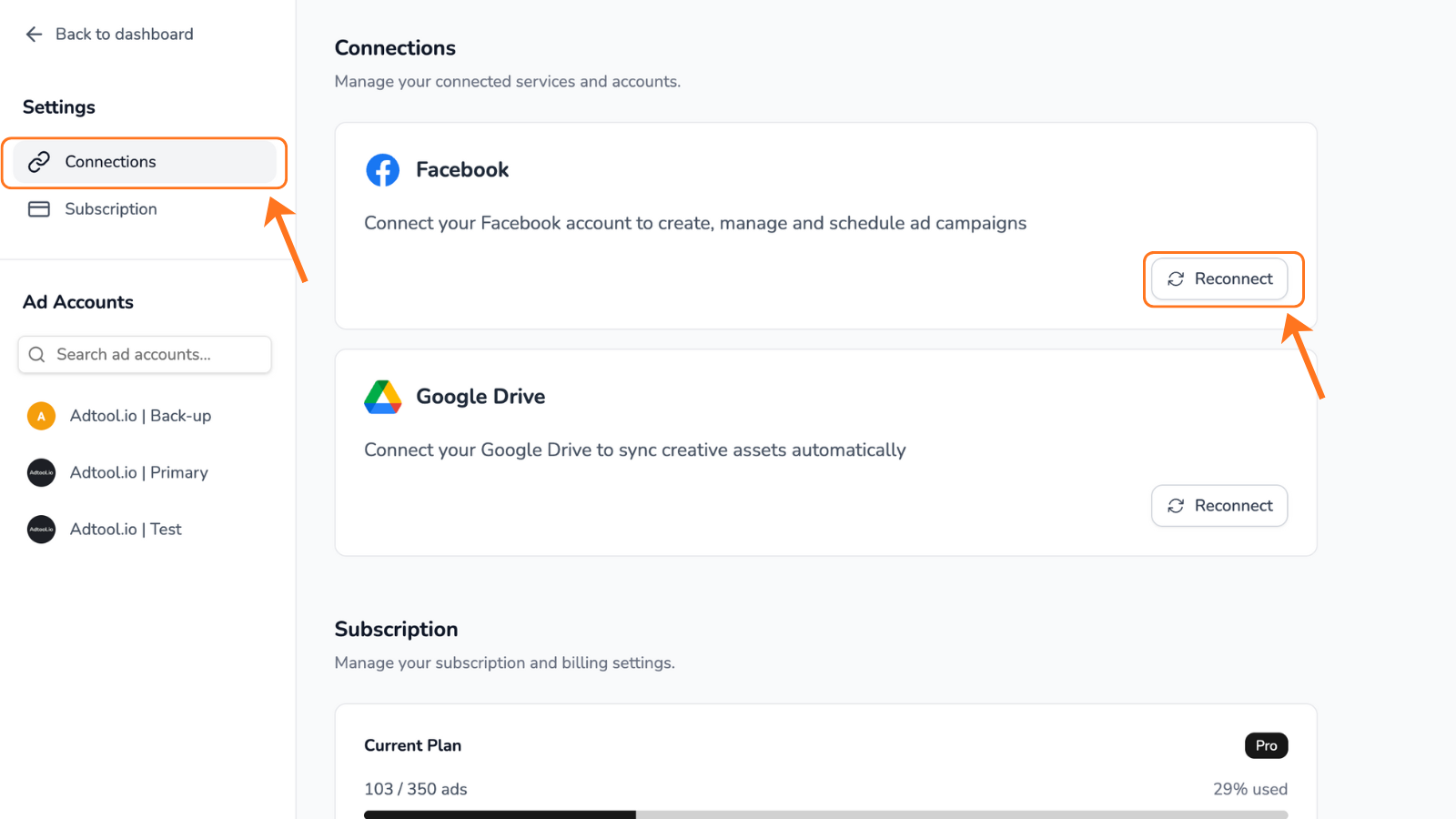 Adtool Connections page with the Facebook integration reconnect option