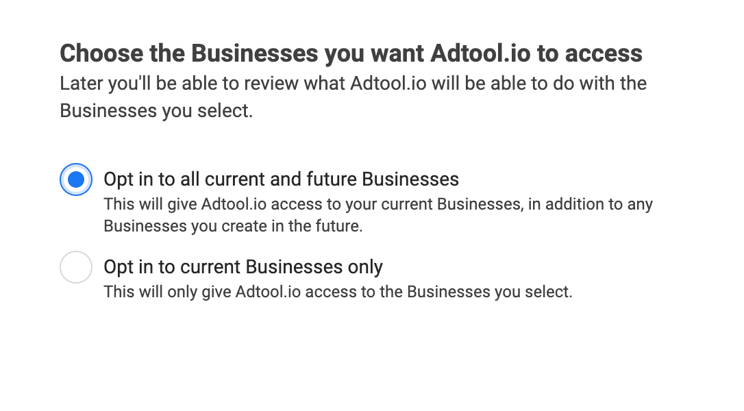 Meta permission setting for all current and future businesses