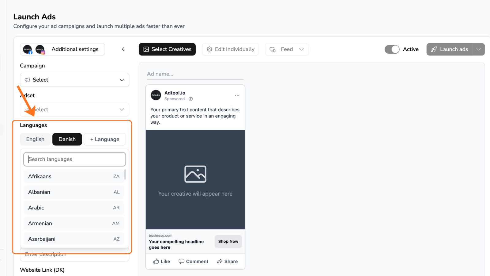 Language selector with multiple languages selected