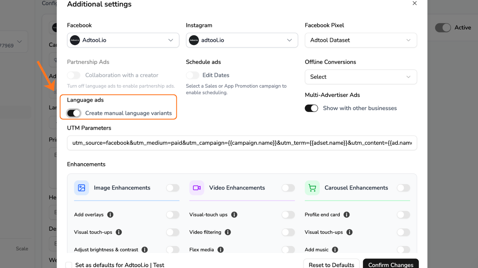 Language ads toggle enabled in Additional Settings
