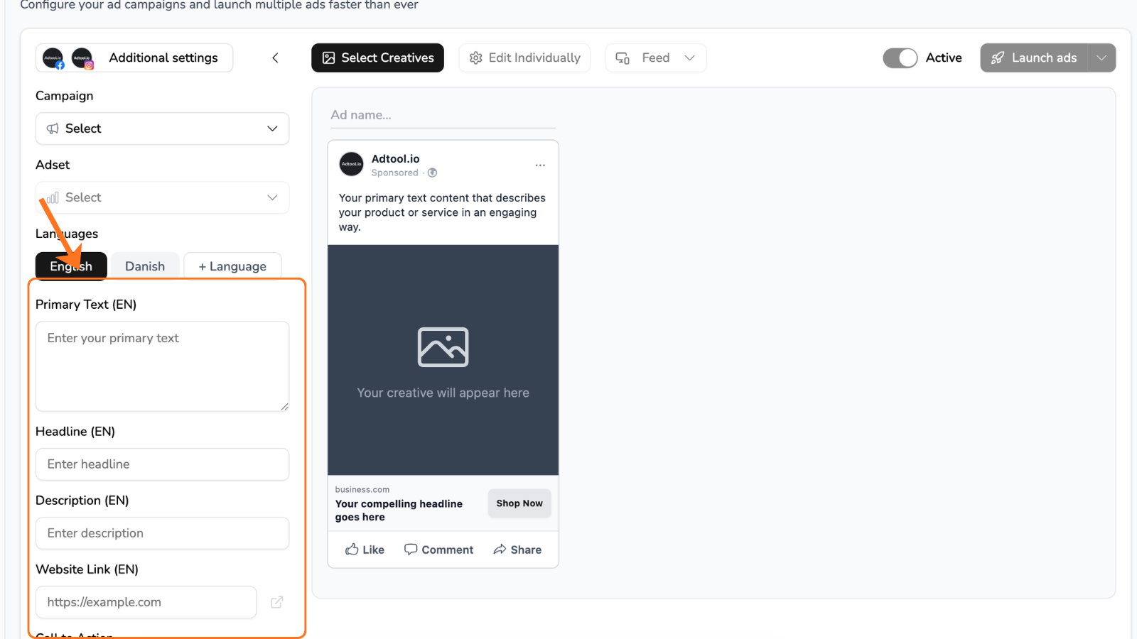 Multi-language copy fields for localized ad text