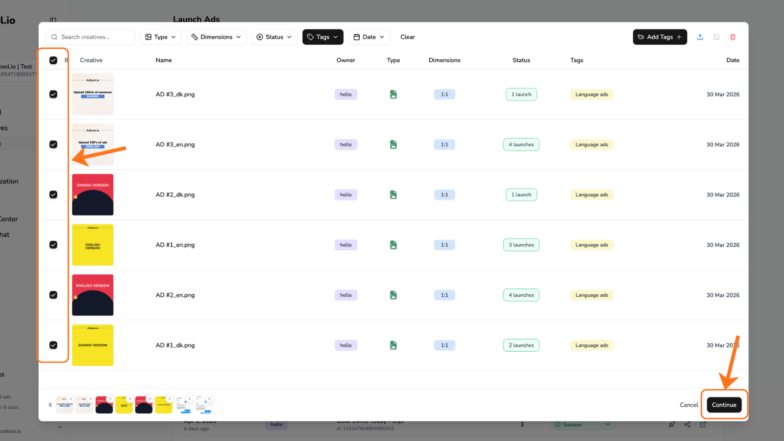 Creative selection view for multi-language ads