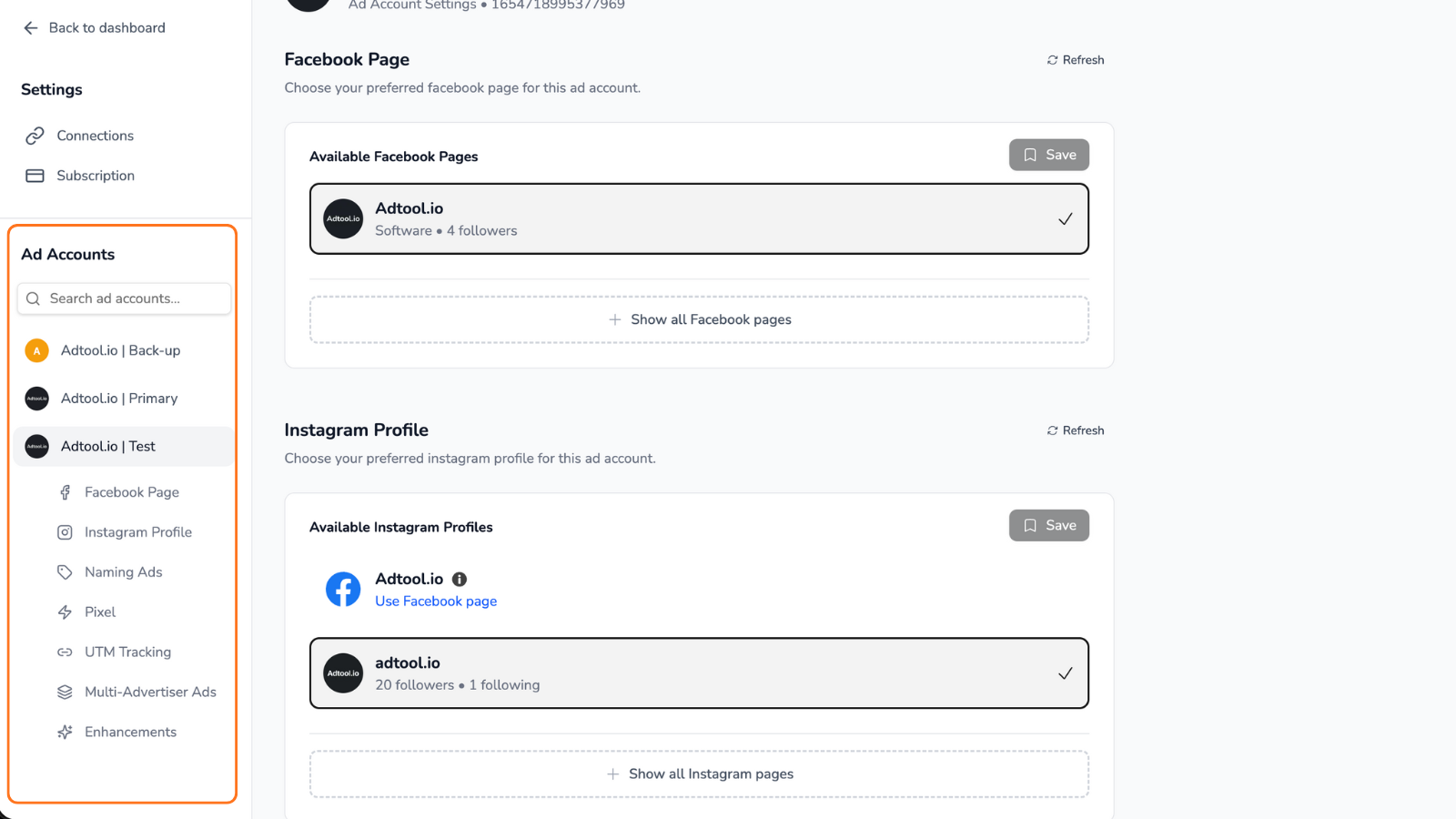 Ad account selector in Settings