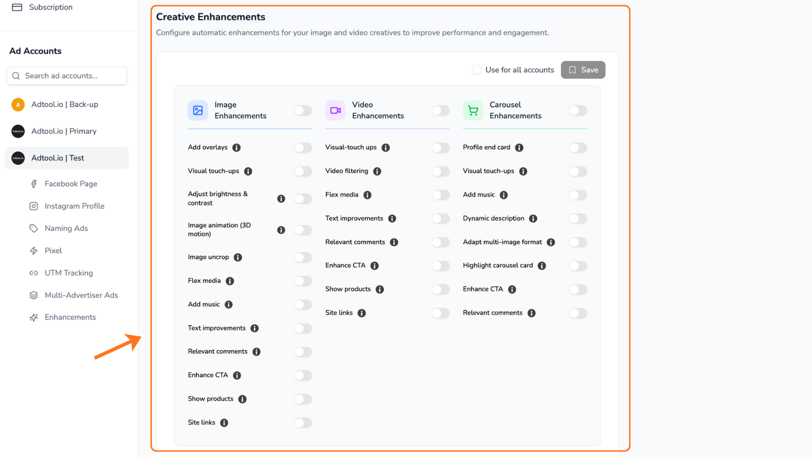 Creative enhancements section in Settings
