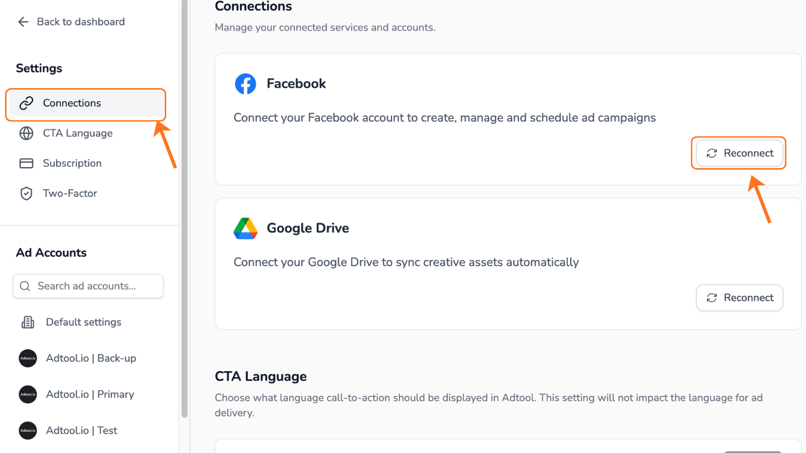 Connections section in Settings