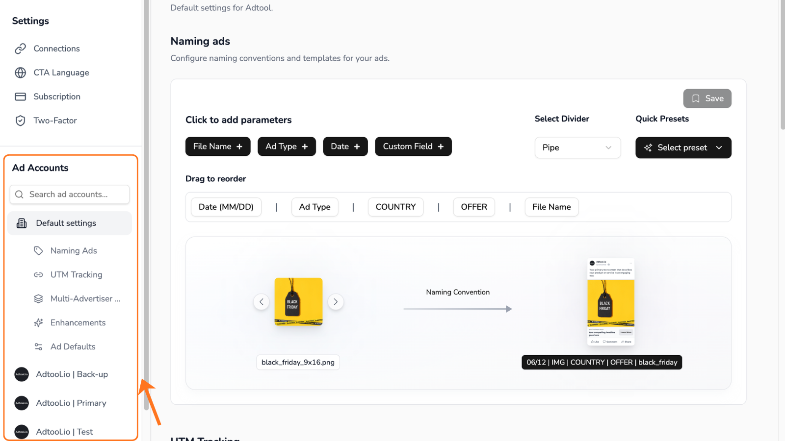 Select an ad account in Settings
