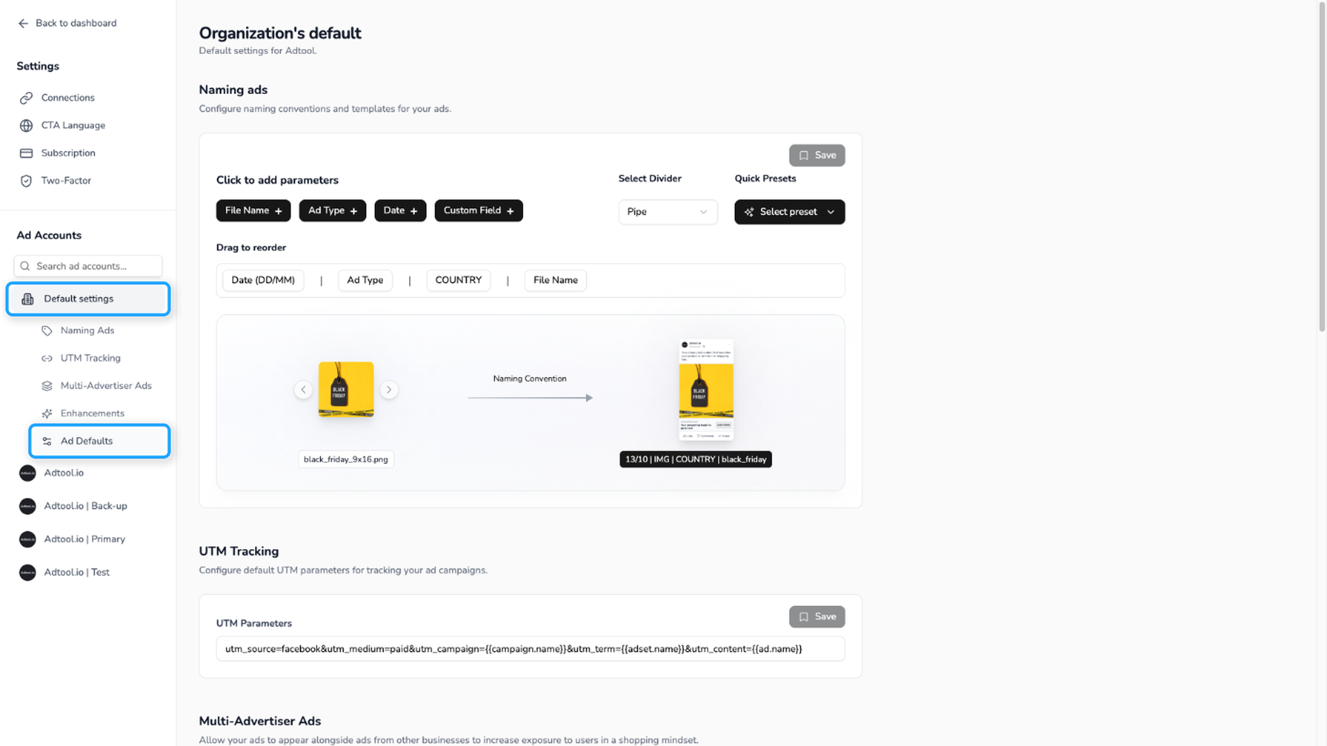 Default settings and Ad Defaults in the Adtool Settings menu