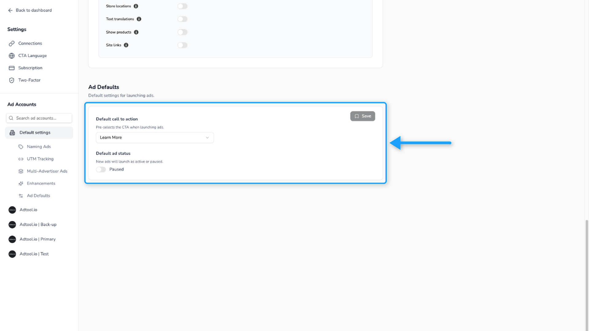 Ad Defaults section with the default call to action and default ad status
