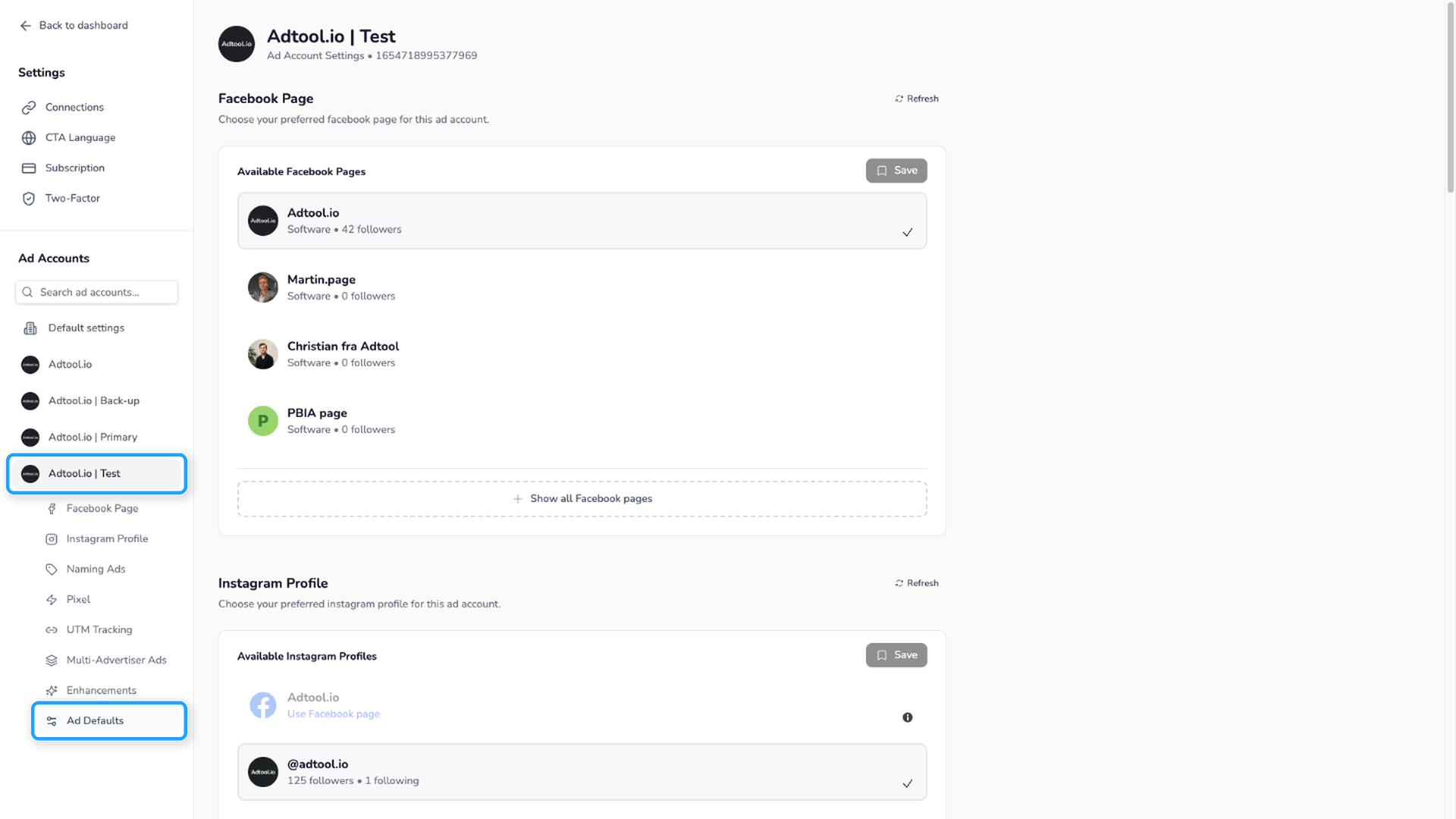 A selected ad account and Ad Defaults in the Adtool Settings menu