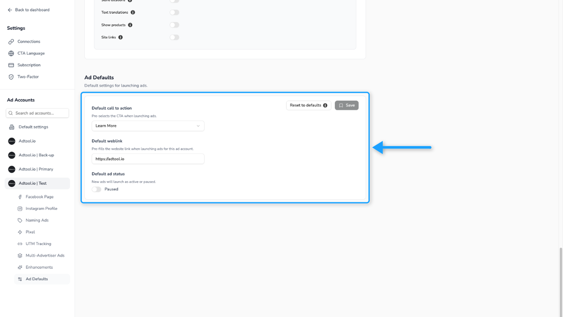 Ad Defaults section for a selected ad account with the default weblink
