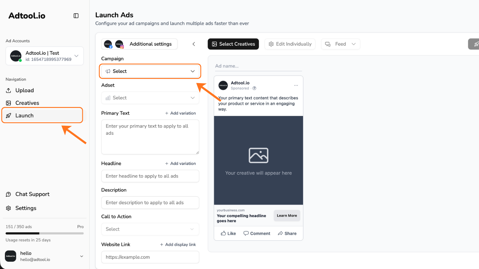 Launch page with Campaign selected