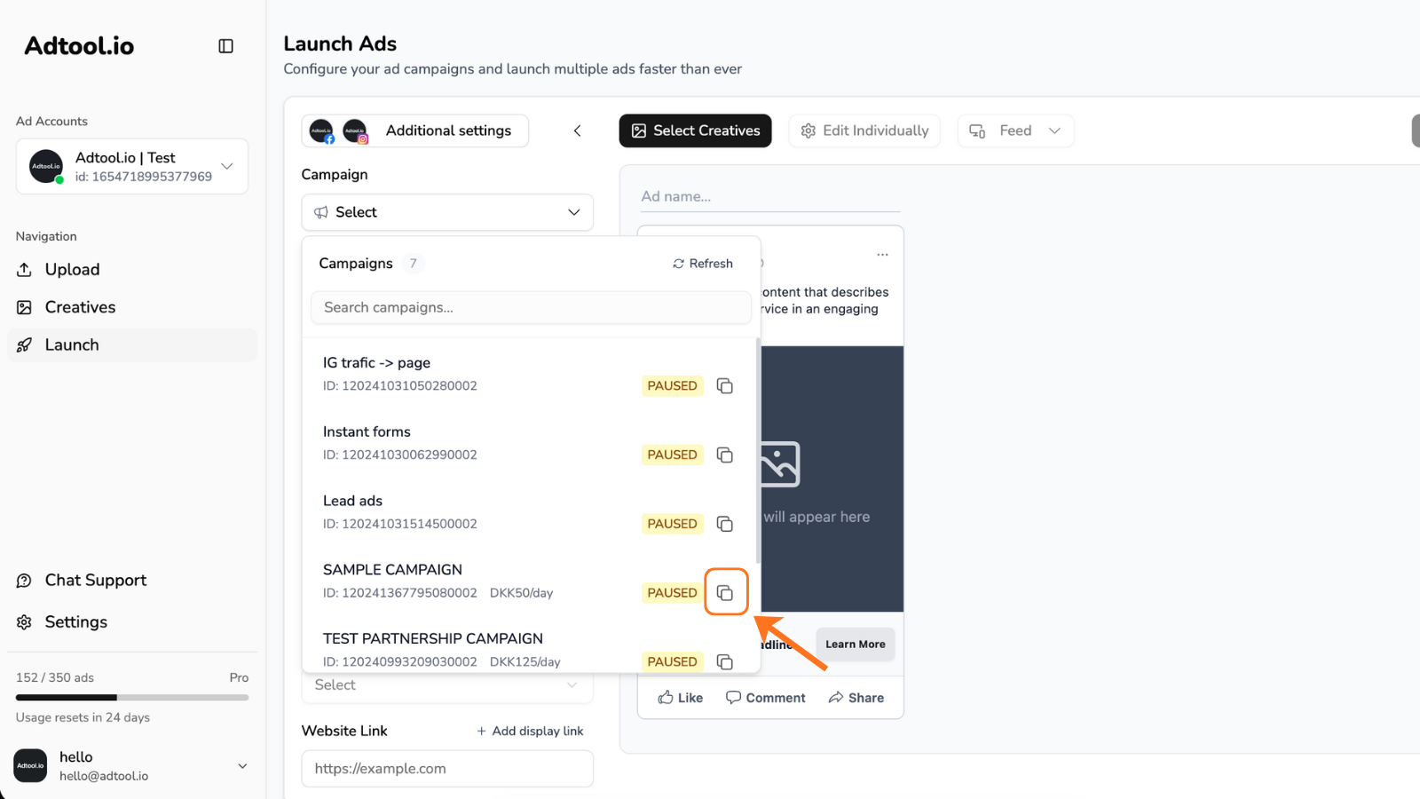 Campaign copy option in Adtool
