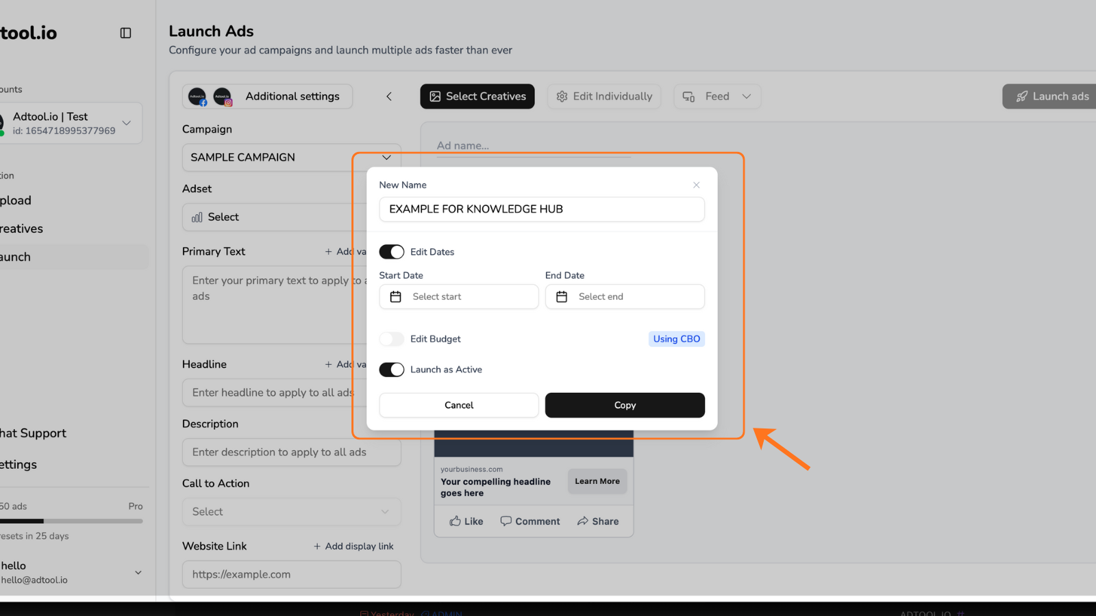 Ad set duplication settings in Adtool