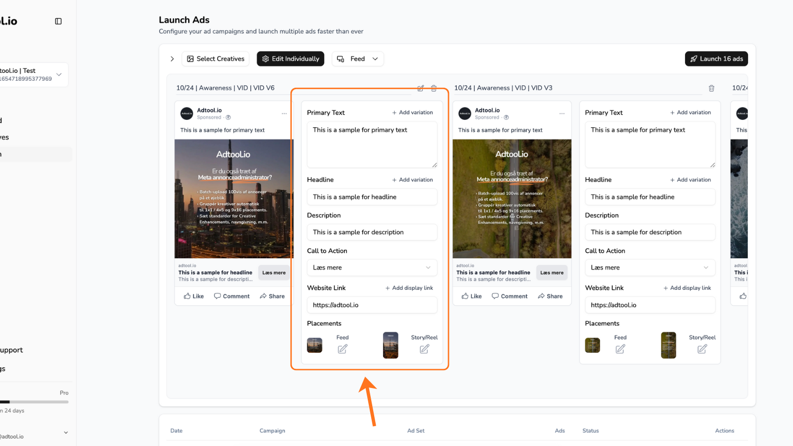 Individual ad editing view in Adtool