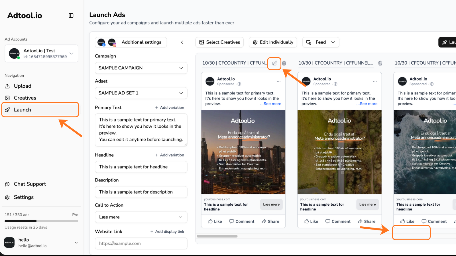 Pencil icon for editing ad names on the Launch page