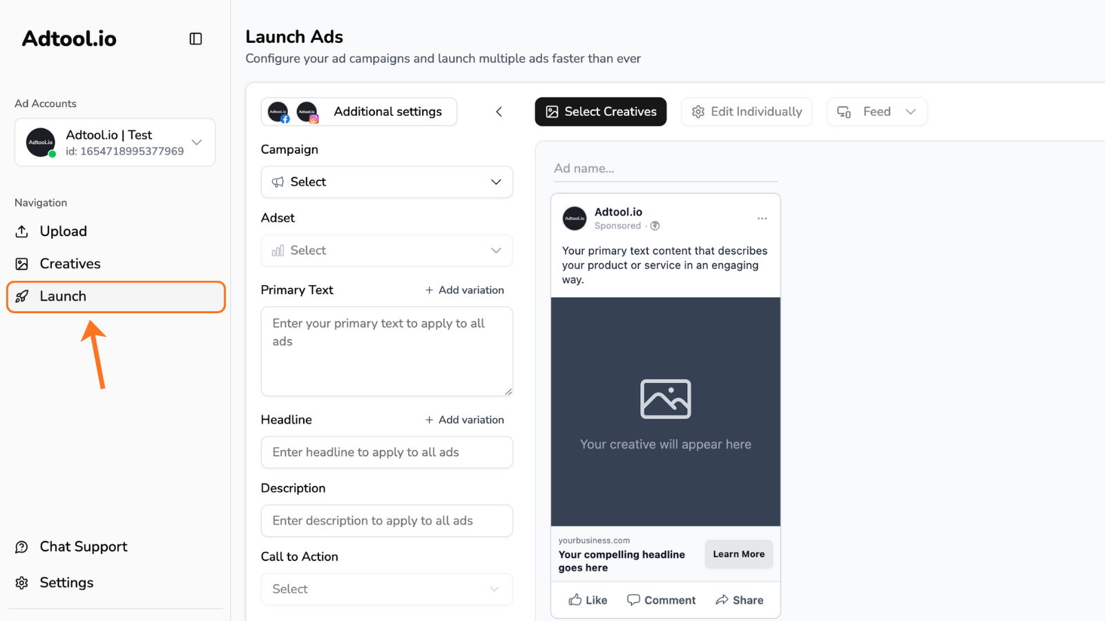 Launch page in Adtool