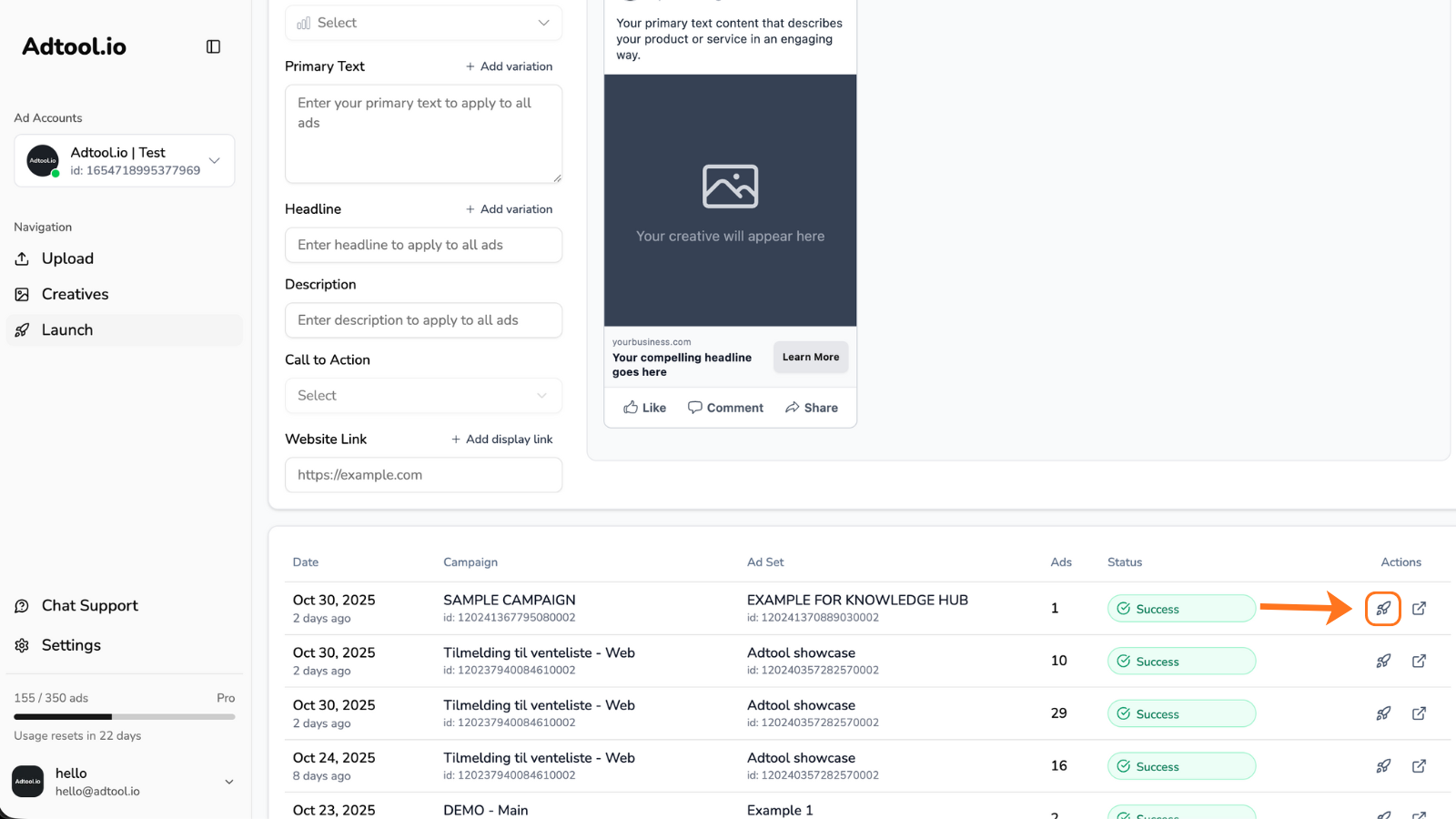 Relaunch icon in the batch upload history