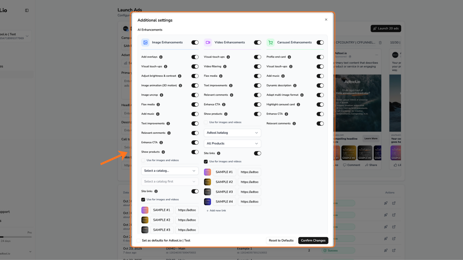 Creative Enhancement settings for a batch