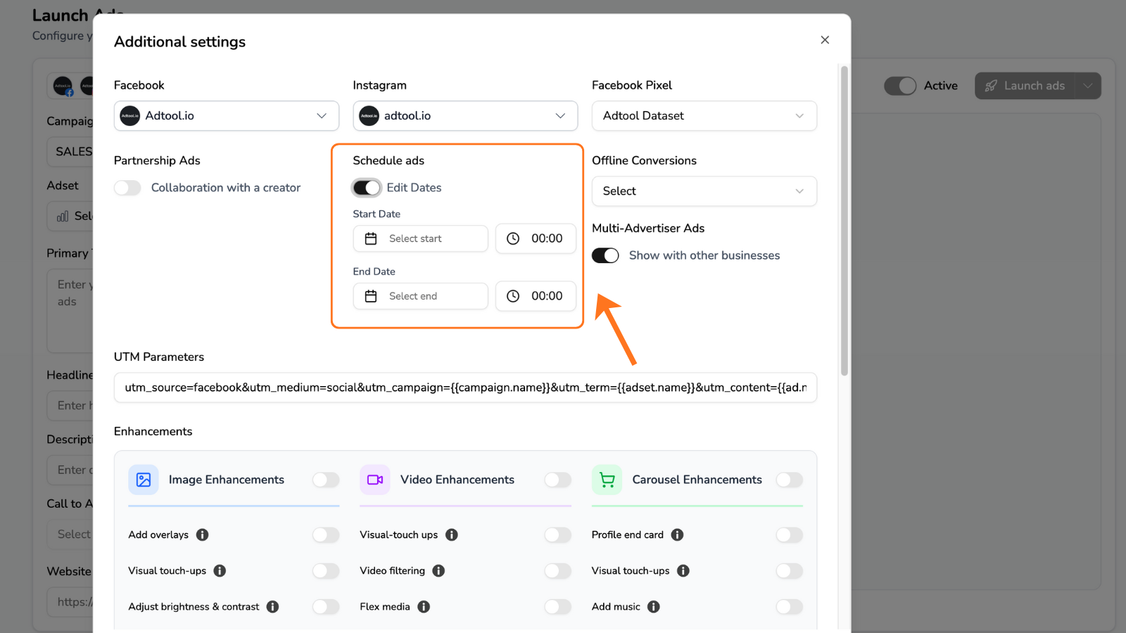 Schedule ads settings in Additional Settings