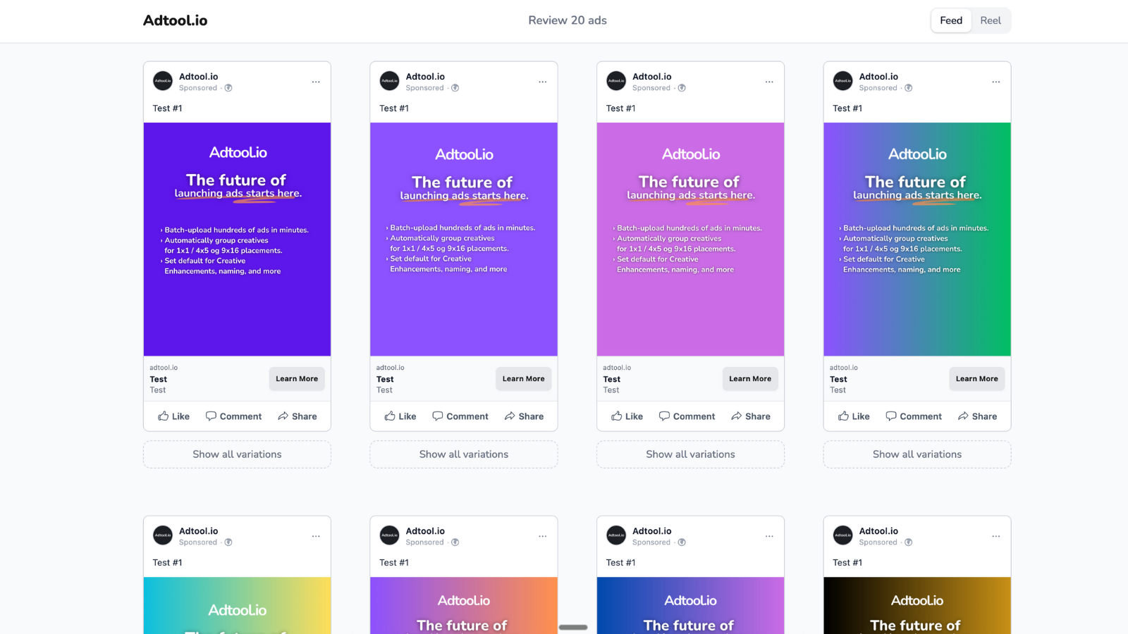 Preview page showing ads from a batch
