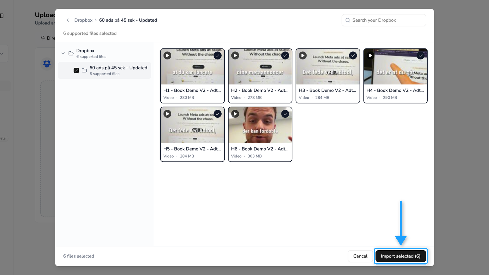 Import selected button in the Dropbox window