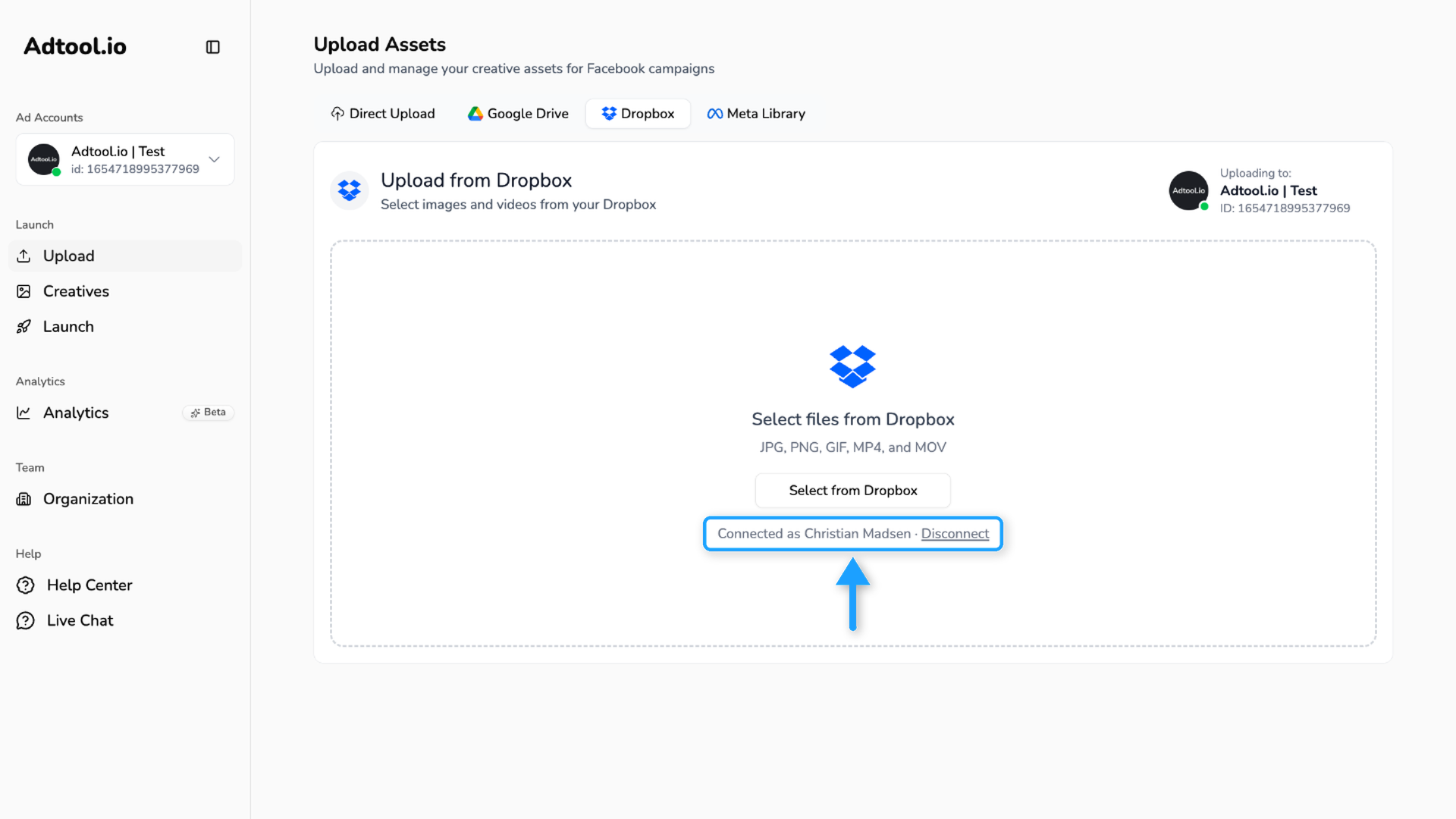 Dropbox tab showing the connected Dropbox account