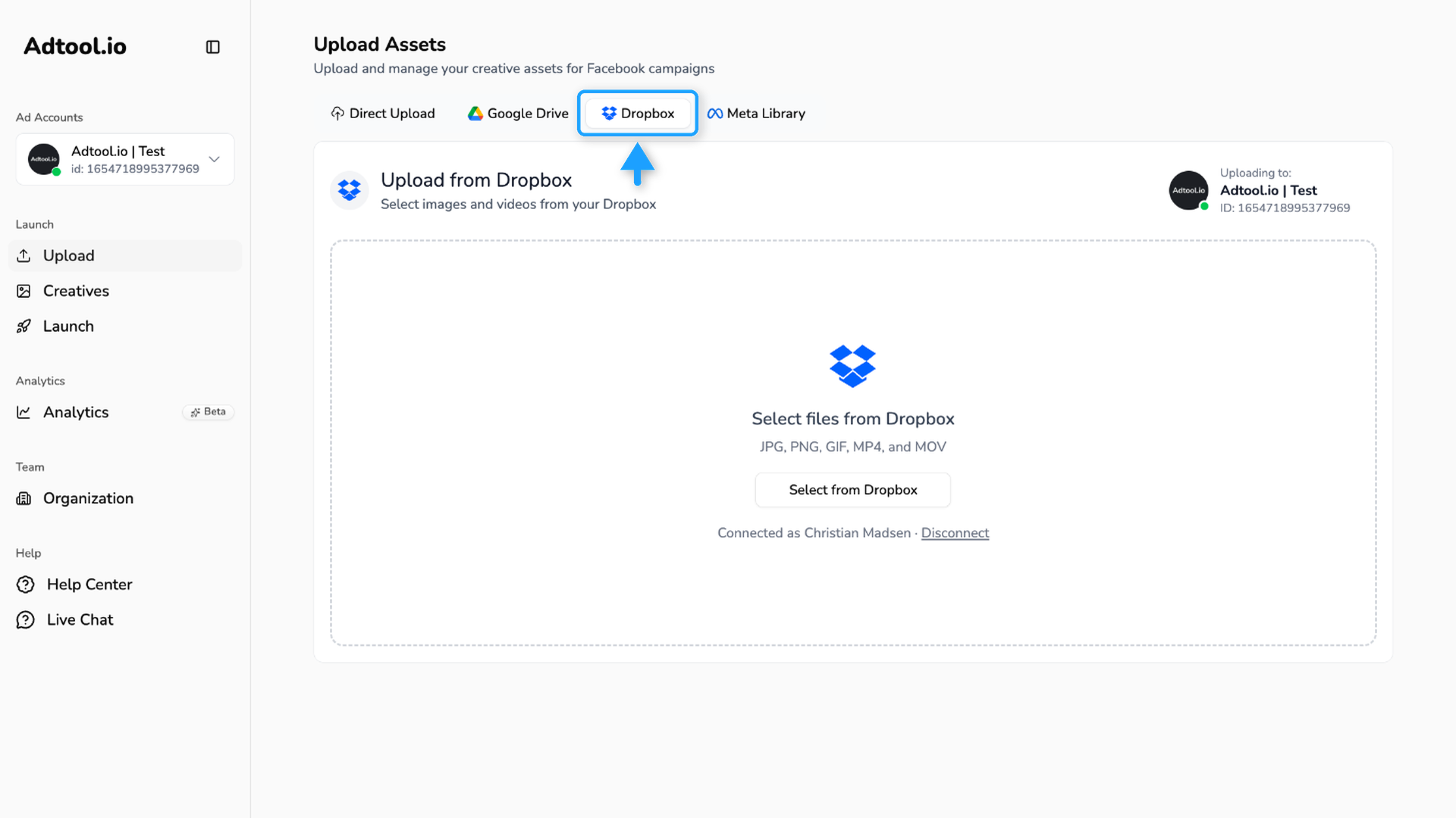 Dropbox tab on the Upload page in Adtool